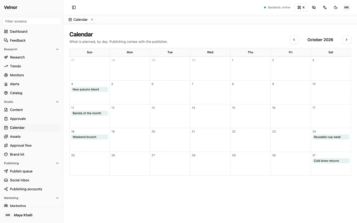 The month's plan at a glance, each post on the day it's due.