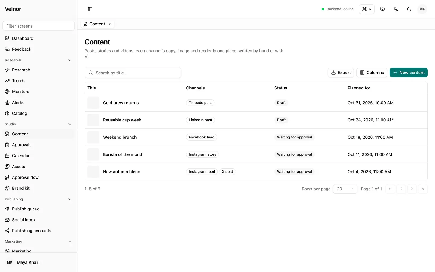 Every post, story and update in one place, by channel, before anything goes out.